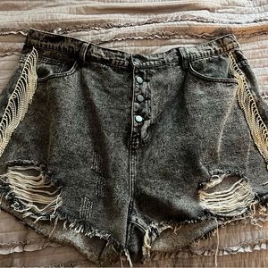Plus size black shorts with rhinestone fringe